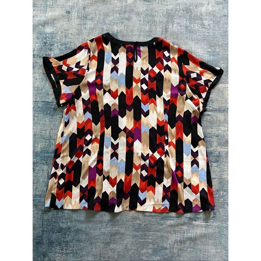 Worthington Ivory Black Cream Blue Red Geometric Chevron Short Sleeve Blouse 3X - Picture 2 of 6